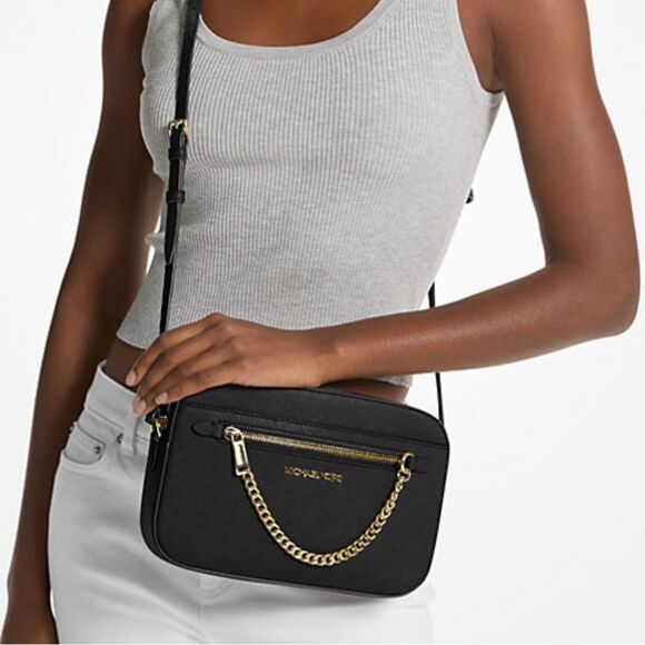 NWT Michael Kors Black Jet Set Large Saffiano Leather Crossbody Bag w/Gold Chain - Picture 1 of 9